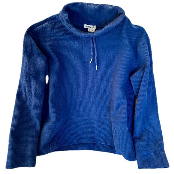 Orvis Women's Pullover Medium Blue Cowl Neck Drawstring Oversize Sweater Top - Picture 1 of 8
